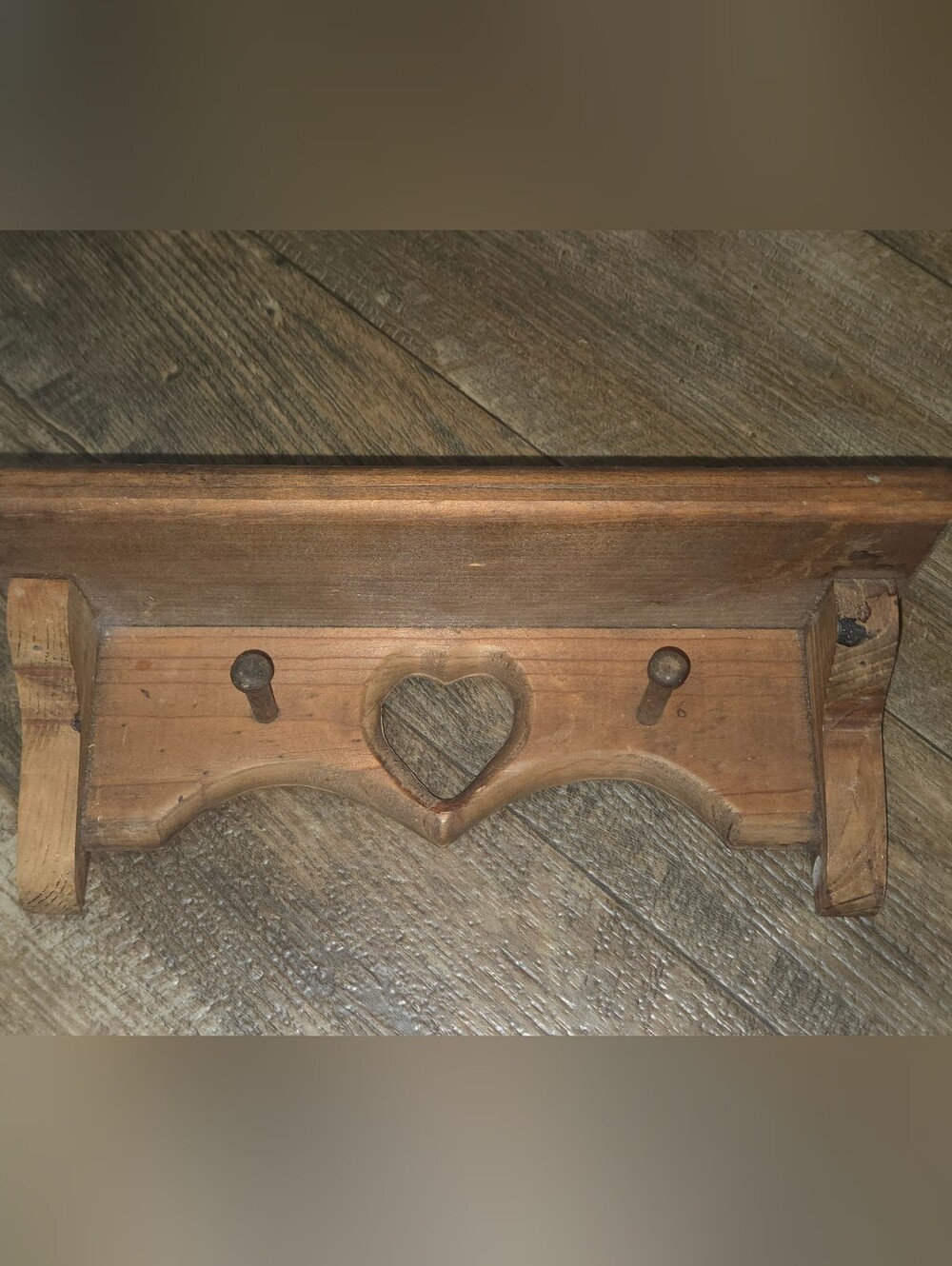 Vintage 12" Handmade Pine Heart Cutout Wall Shelf w/ 2 Pegs